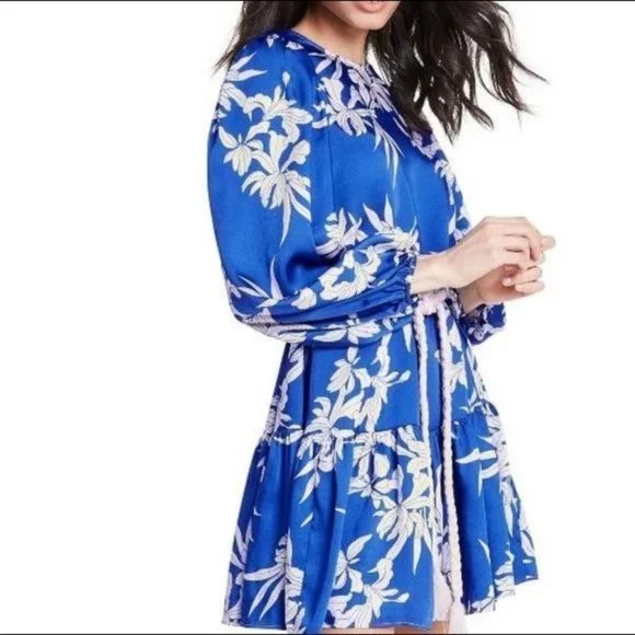 Alexis Blue Mini Dress XXS Floral Print Rope Belt Swing Long Sleeve Satin New - Picture 7 of 15